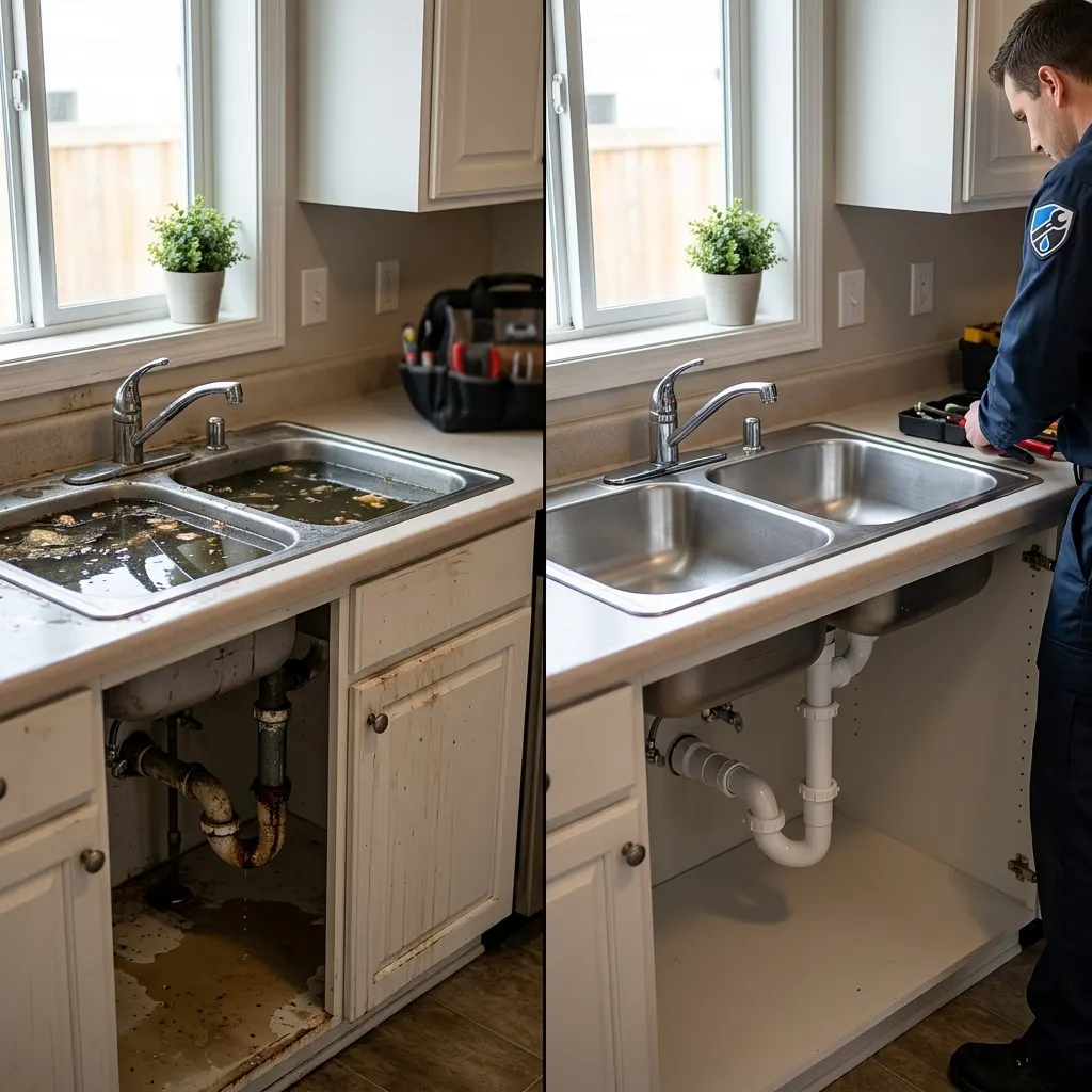 Kitchen sink drain and under-sink plumbing before and after service