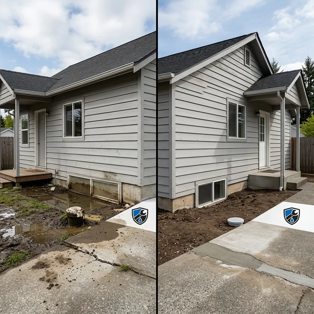 Home exterior with a cracked drain cover before and after sewer line work