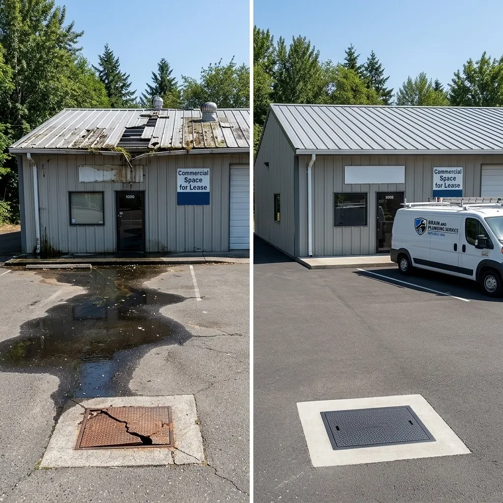 Commercial property with standing water around a drain before and after service