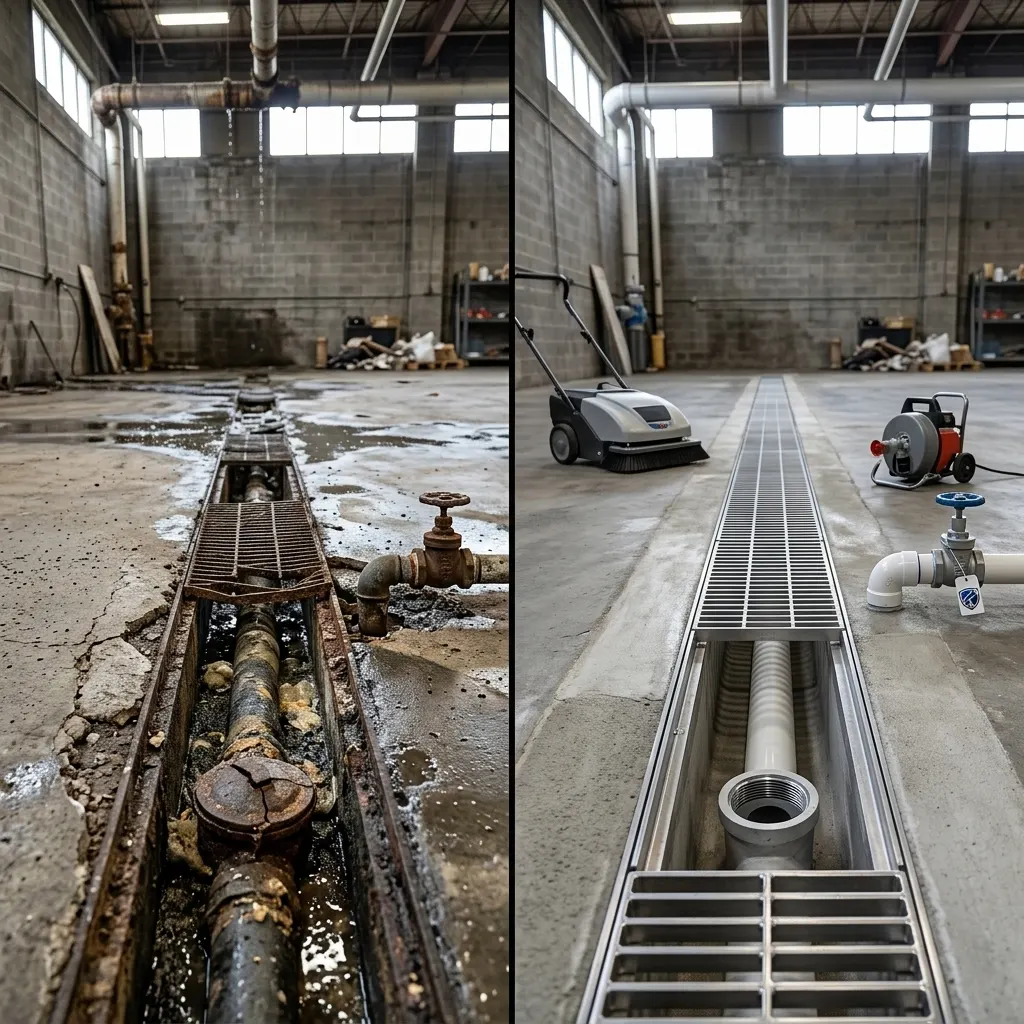 Commercial floor trench drain before and after cleaning