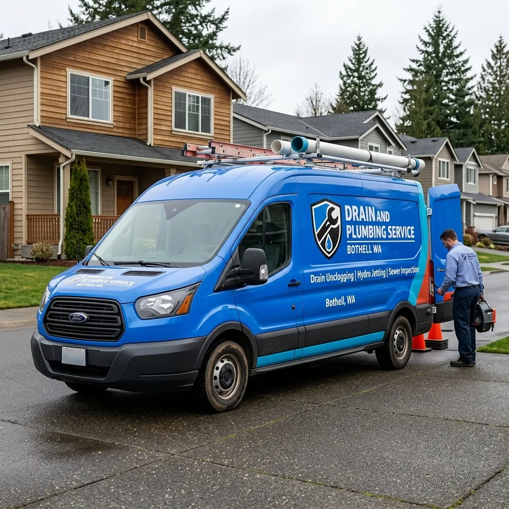 Blue Drain and Plumbing Service Bothell WA van parked in front of a residential street