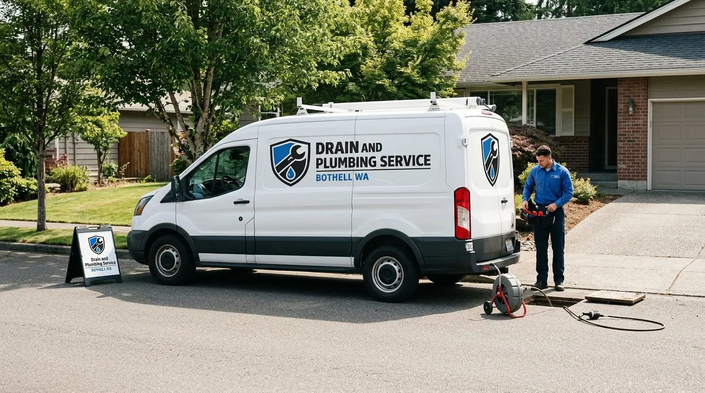 Drain and Plumbing Service Bothell WA branded van parked outside a Bothell home with a technician beside an open drain