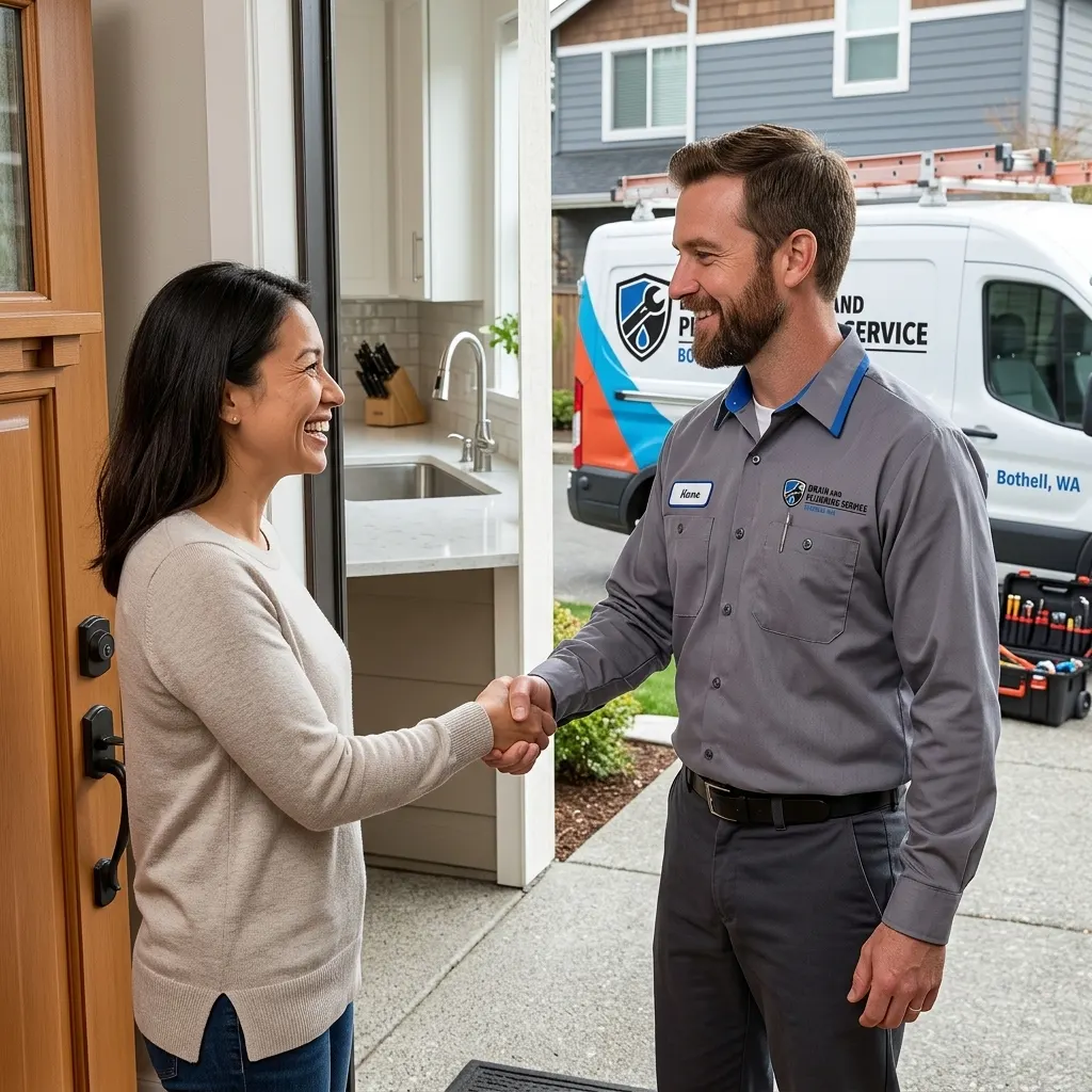 Drain and Plumbing Service Bothell WA technician shaking hands with a homeowner at the front door