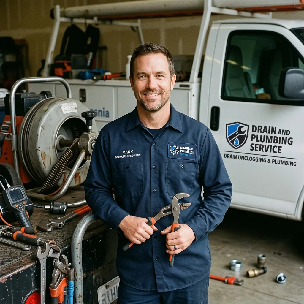 Plumber in a navy uniform holding pipe wrenches in front of a service truck