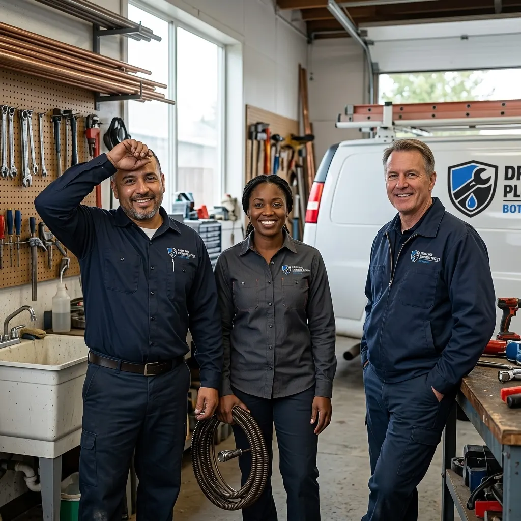 Three Drain and Plumbing Service Bothell WA plumbers in uniform standing in the workshop