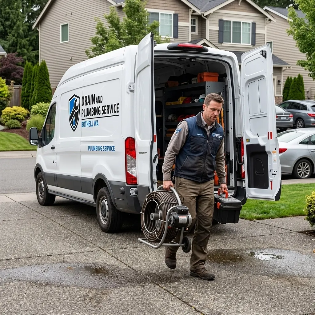 Technician unloading drain cleaning equipment from a Drain and Plumbing Service Bothell WA van