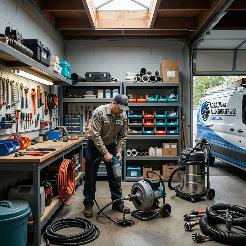 Drain and Plumbing Service Bothell WA workshop with drain cleaning equipment and tools
